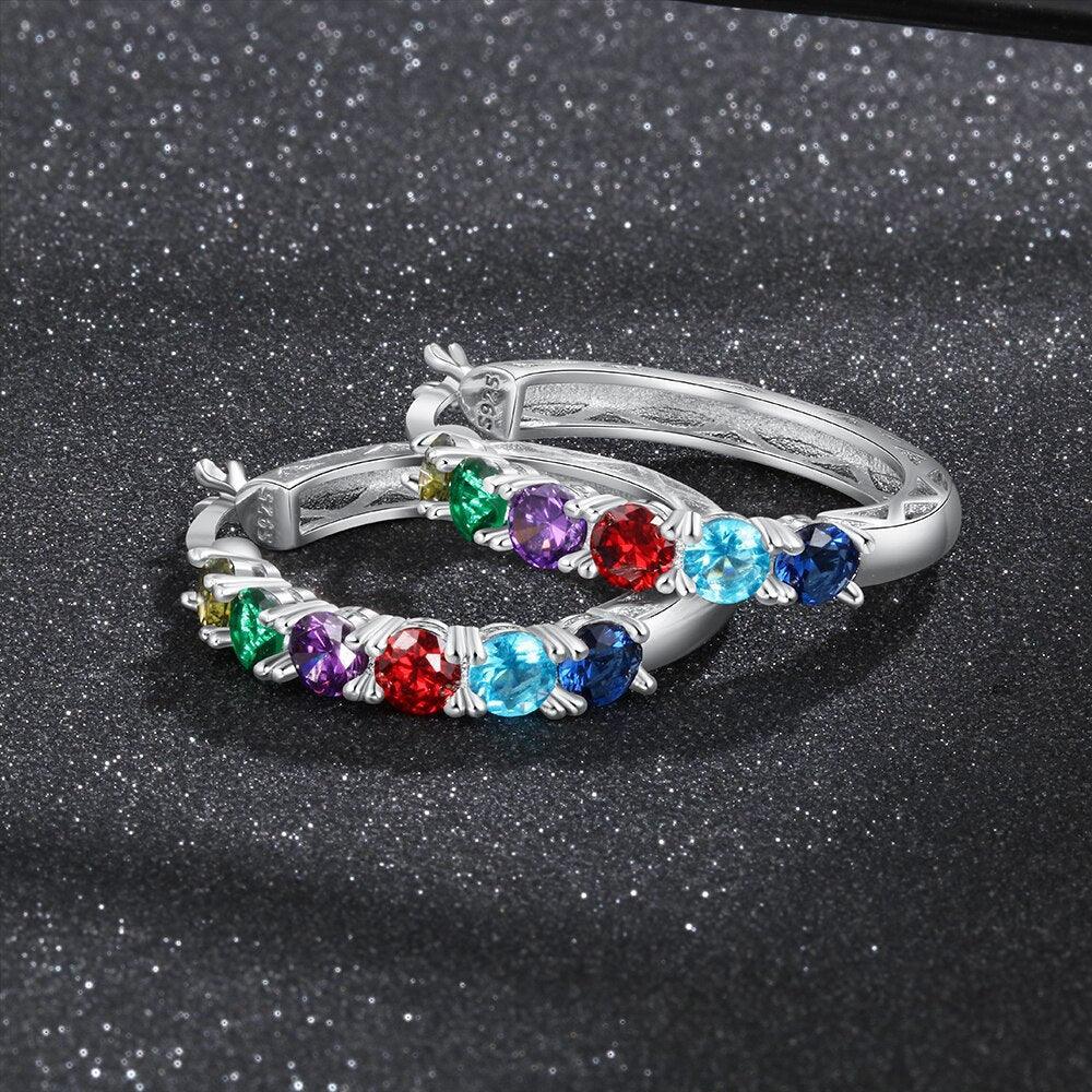 925 Sterling Silver Jewelry- Silver Hoop Earrings for Women- Custom 6 Birthstones Engraved Earrings- Personalized Birthstone Jewelry for Women - Personalized Jewel
