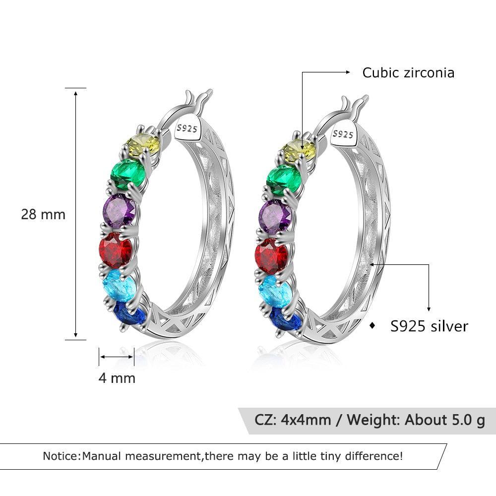 925 Sterling Silver Jewelry- Silver Hoop Earrings for Women- Custom 6 Birthstones Engraved Earrings- Personalized Birthstone Jewelry for Women - Personalized Jewel