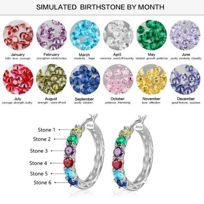 925 Sterling Silver Jewelry- Silver Hoop Earrings for Women- Custom 6 Birthstones Engraved Earrings- Personalized Birthstone Jewelry for Women - Personalized Jewel