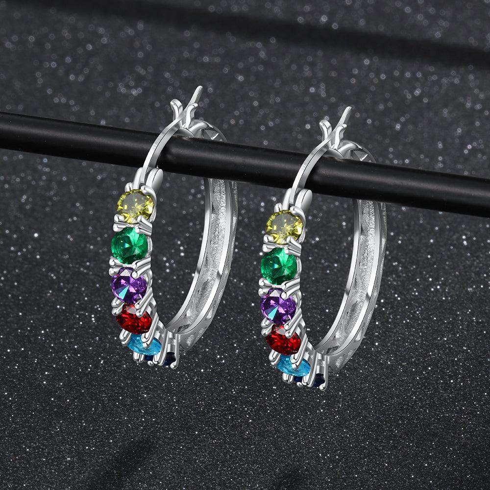 925 Sterling Silver Jewelry- Silver Hoop Earrings for Women- Custom 6 Birthstones Engraved Earrings- Personalized Birthstone Jewelry for Women - Personalized Jewel
