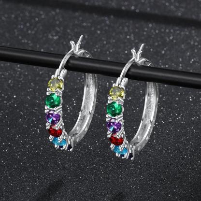 925 Sterling Silver Jewelry- Silver Hoop Earrings for Women- Custom 6 Birthstones Engraved Earrings- Personalized Birthstone Jewelry for Women - Personalized Jewel