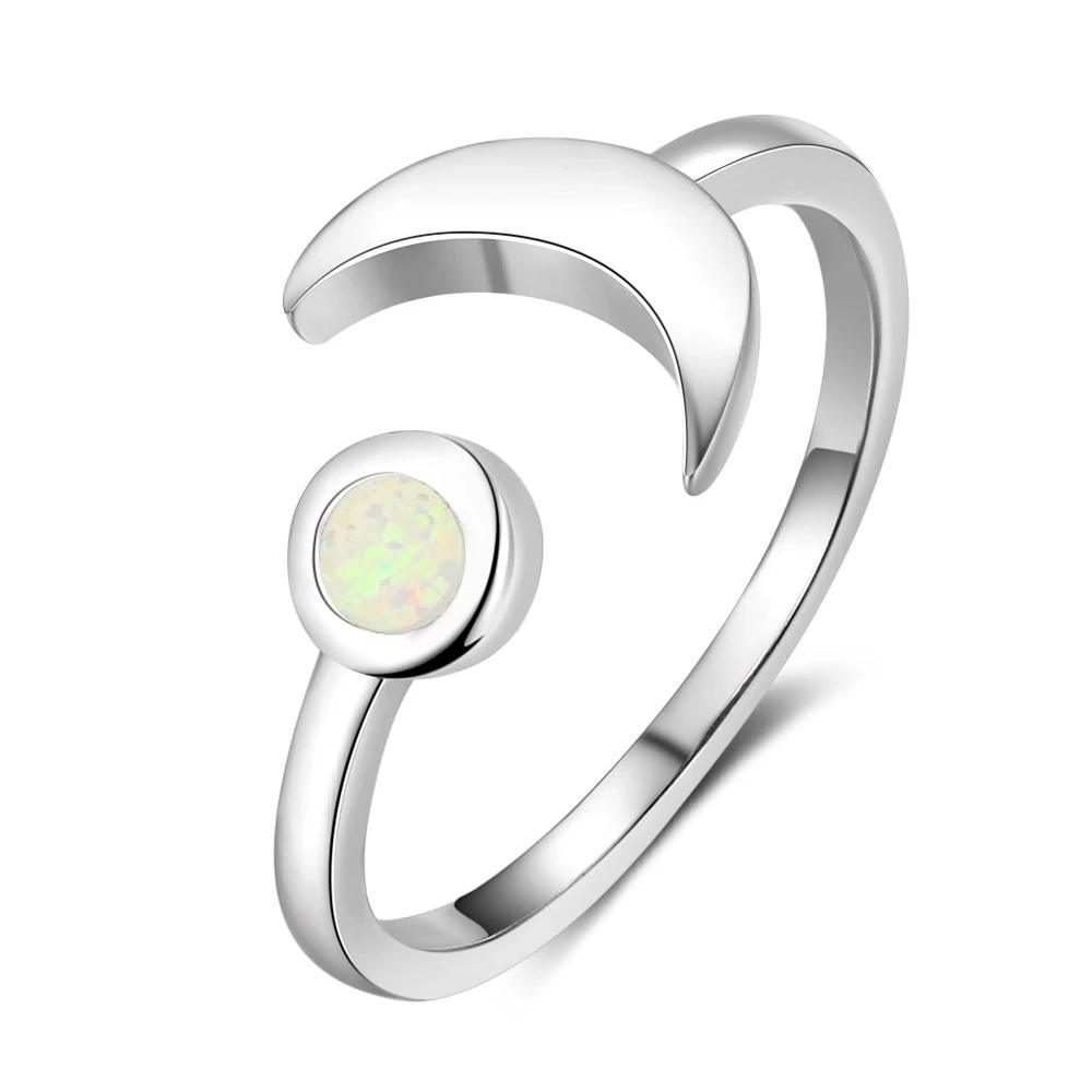 925 Sterling Silver Moon Shape Opal Stone Adjustable Ring, Fashion Jewelry Gift for Women - Personalized Jewel