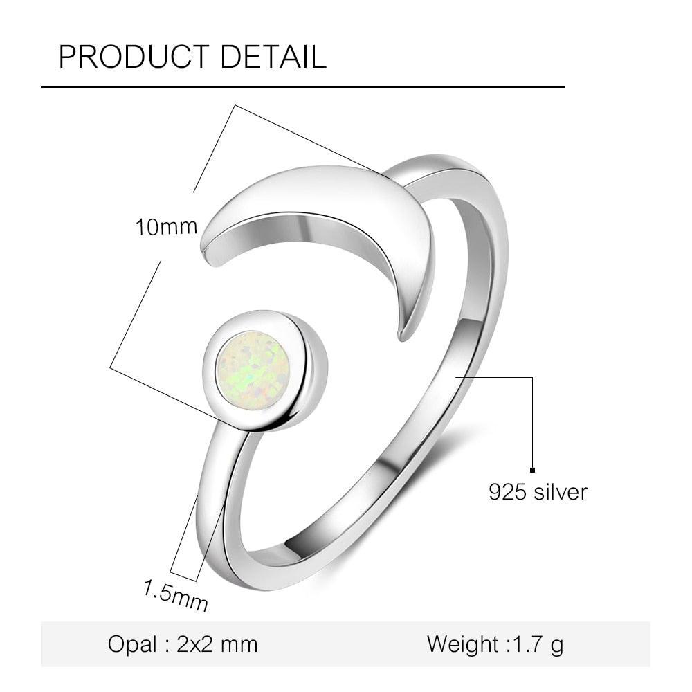 925 Sterling Silver Moon Shape Opal Stone Adjustable Ring, Fashion Jewelry Gift for Women - Personalized Jewel
