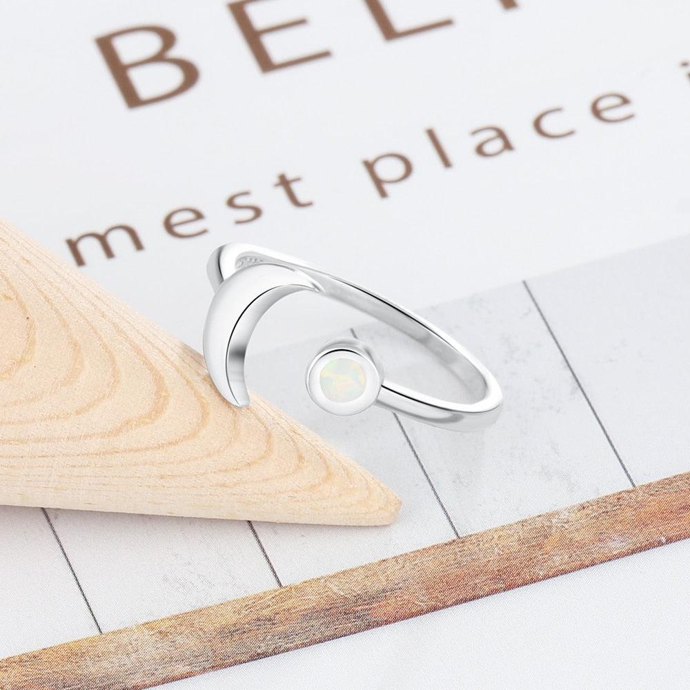 925 Sterling Silver Moon Shape Opal Stone Adjustable Ring, Fashion Jewelry Gift for Women - Personalized Jewel