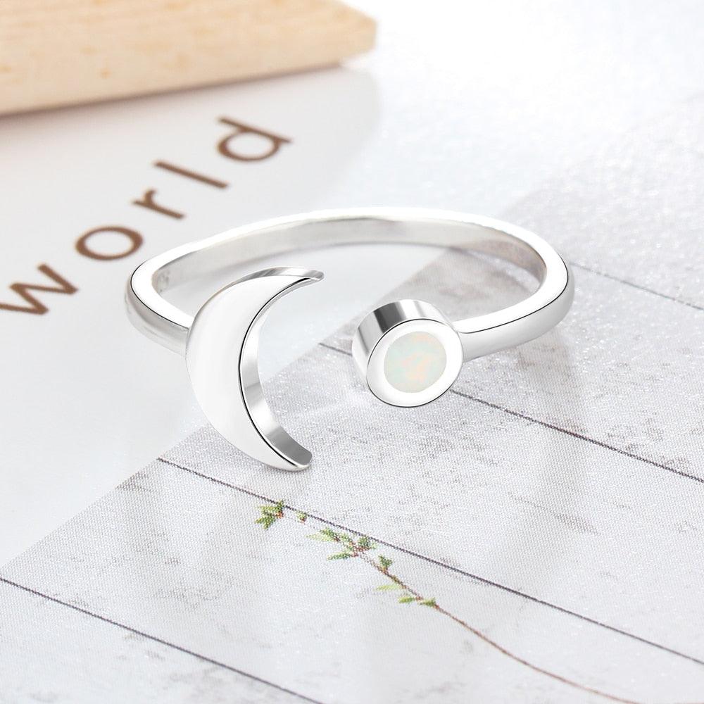 925 Sterling Silver Moon Shape Opal Stone Adjustable Ring, Fashion Jewelry Gift for Women - Personalized Jewel