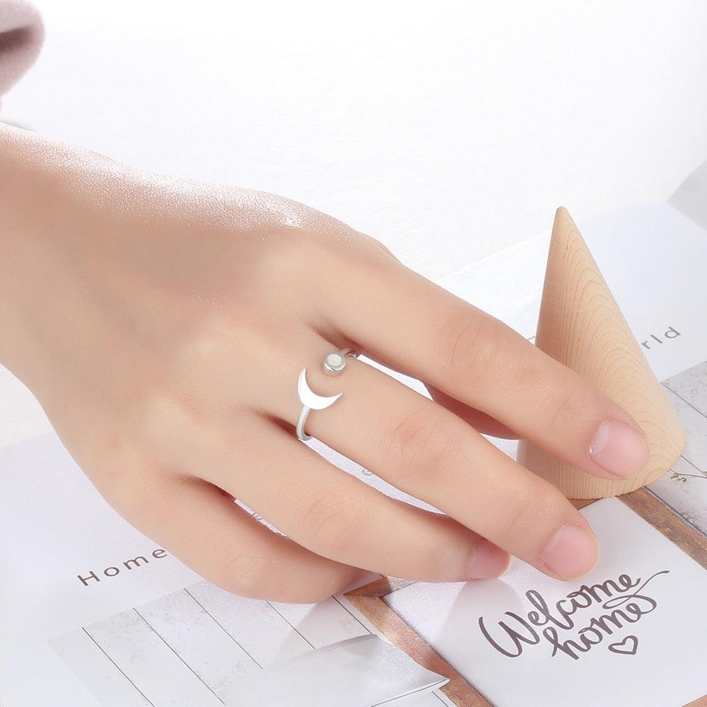925 Sterling Silver Moon Shape Opal Stone Adjustable Ring, Fashion Jewelry Gift for Women - Personalized Jewel
