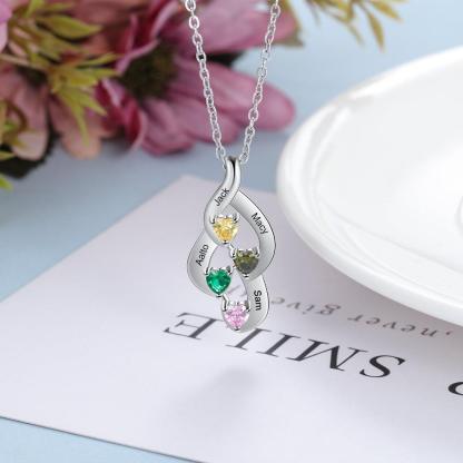 925 Sterling Silver Necklace - Interlocking Four Birthstone and Four Name Engraving For Mother's Day - Personalized Jewel