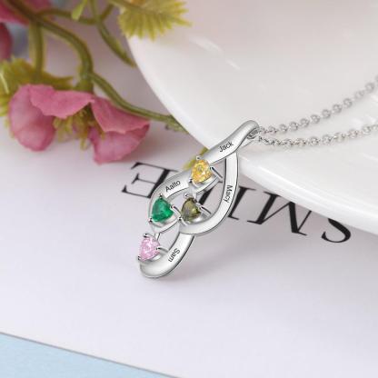 925 Sterling Silver Necklace - Interlocking Four Birthstone and Four Name Engraving For Mother's Day - Personalized Jewel