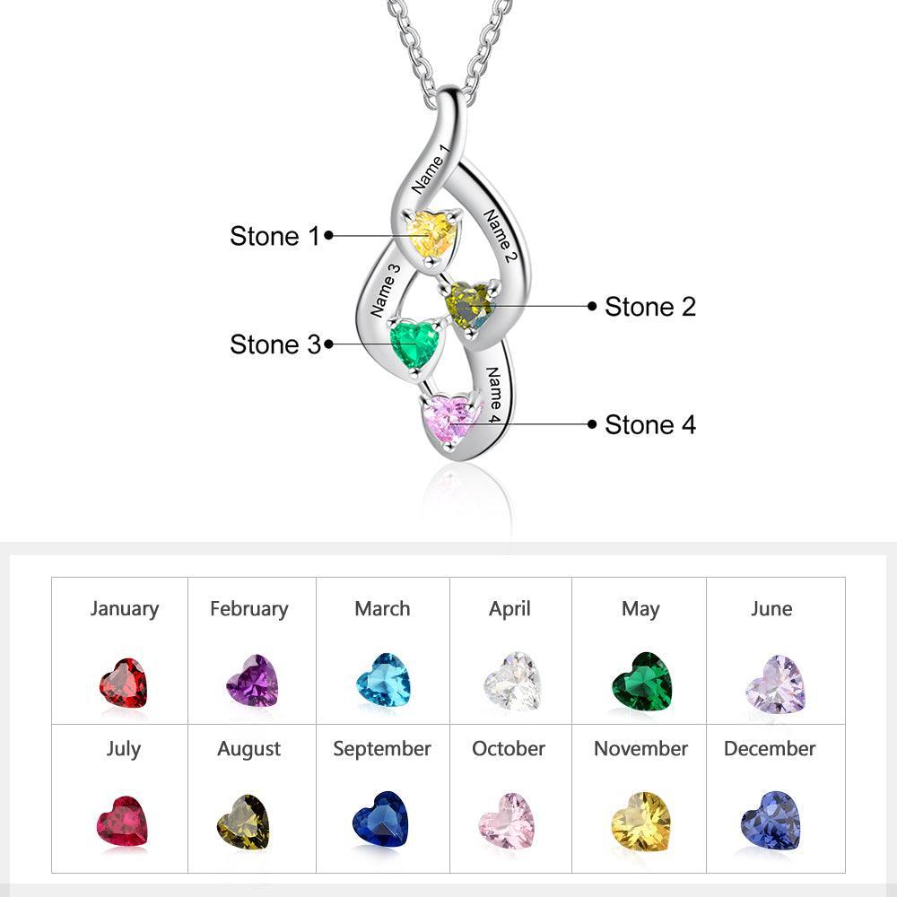 925 Sterling Silver Necklace - Interlocking Four Birthstone and Four Name Engraving For Mother's Day - Personalized Jewel