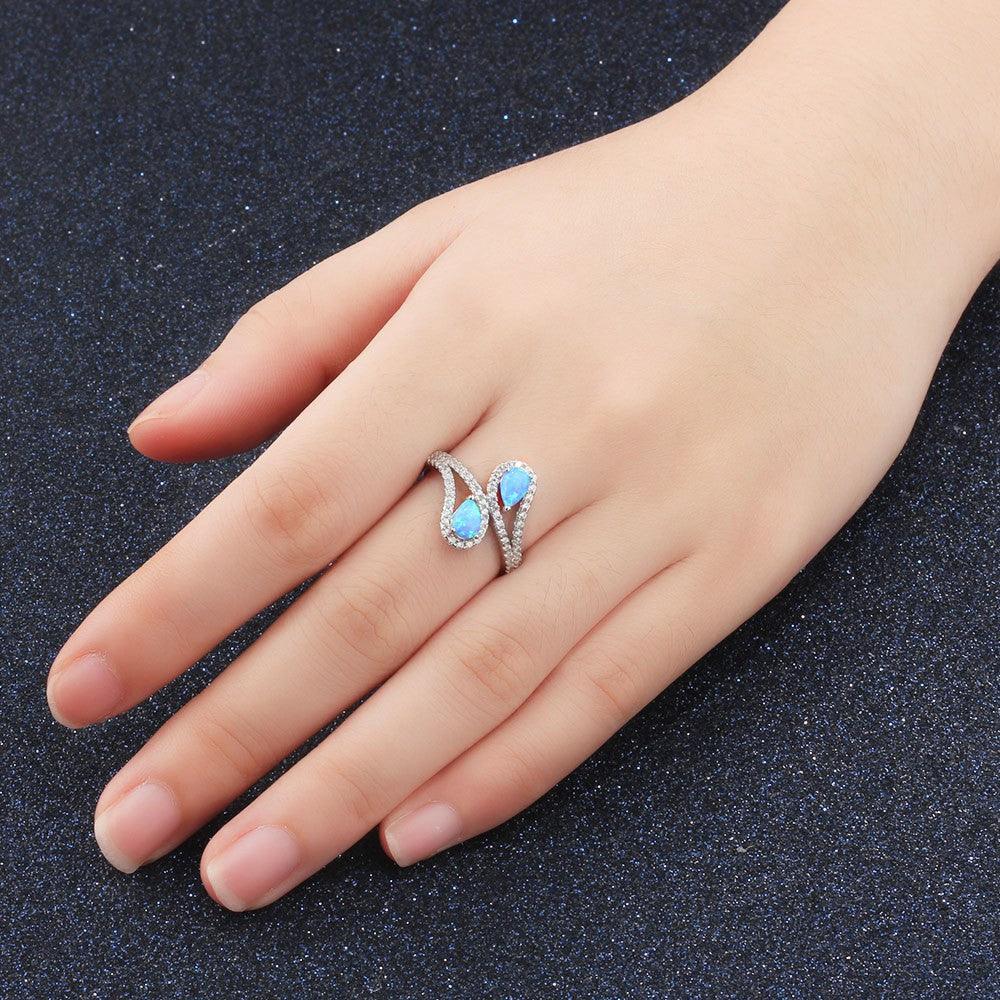 925 Sterling Silver Ocean Style Blue Opal Ring, Elegant Jewelry for Women - Personalized Jewel