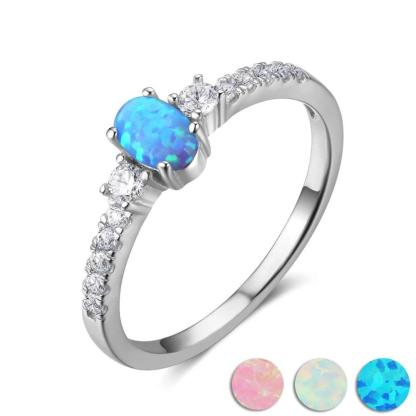 925 Sterling Silver Oval Blue Opal Stone Ring, Fashion Jewelry Gift for Women - Personalized Jewel
