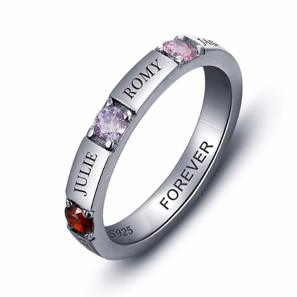 925 Sterling Silver Ring for Women- Personalized 4 Names and 3 Birthstones on the Ring for Best Friends - Personalized Jewel