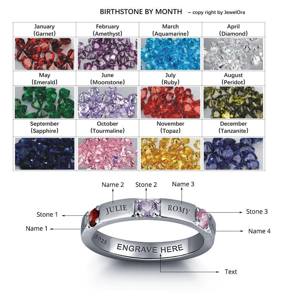 925 Sterling Silver Ring for Women- Personalized 4 Names and 3 Birthstones on the Ring for Best Friends - Personalized Jewel