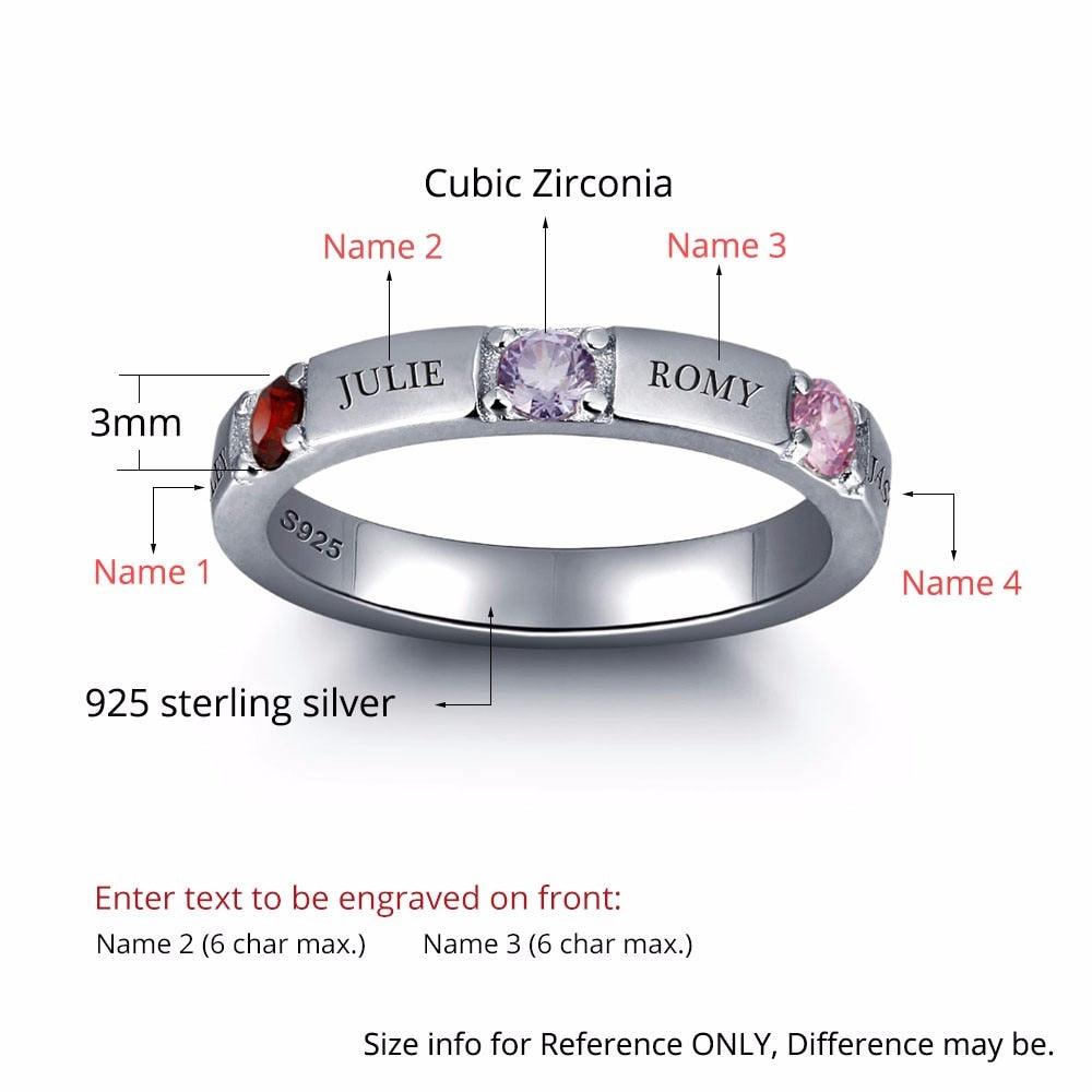 925 Sterling Silver Ring for Women- Personalized 4 Names and 3 Birthstones on the Ring for Best Friends - Personalized Jewel