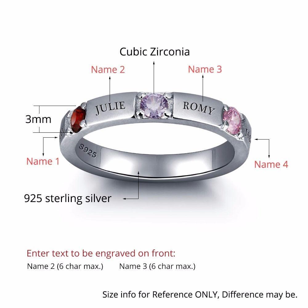 925 Sterling Silver Ring for Women- Personalized 4 Names and 3 Birthstones on the Ring for Best Friends - Personalized Jewel