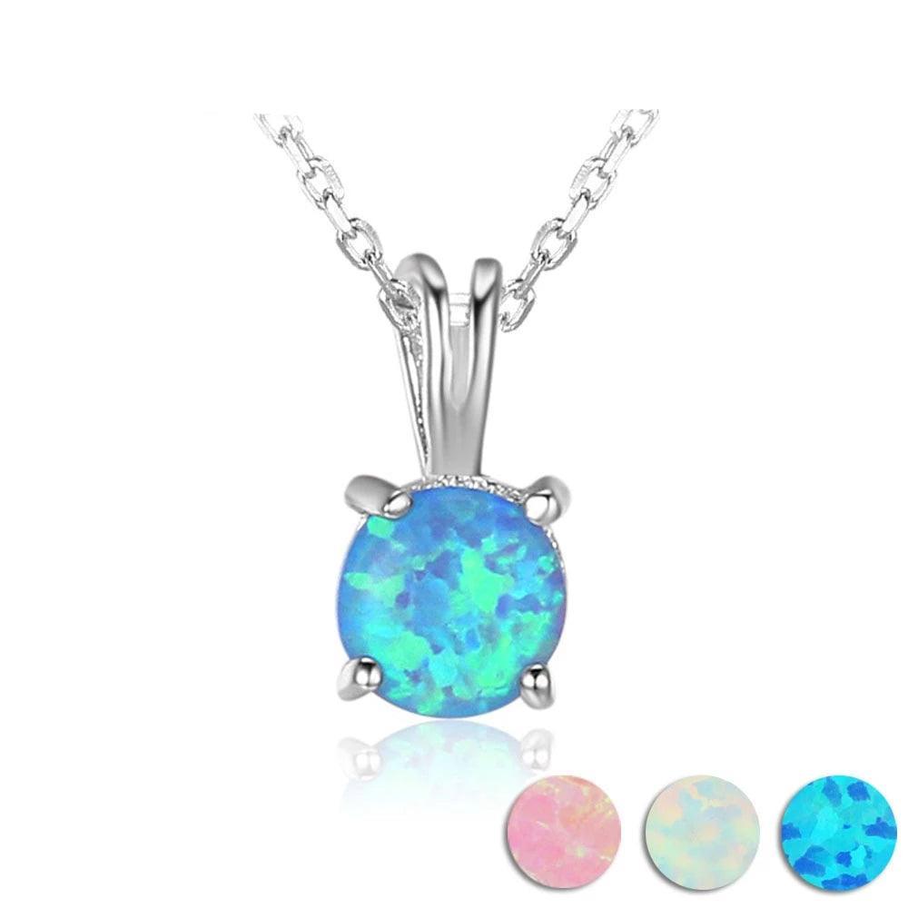 925 Sterling Silver Round Blue Opal Romantic Pendants Necklaces for Women, Trendy Jewelry Gift - Personalized Jewel
