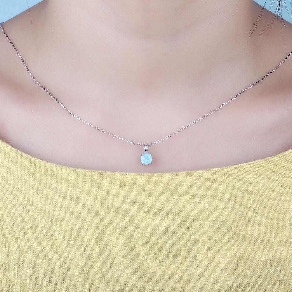925 Sterling Silver Round Blue Opal Romantic Pendants Necklaces for Women, Trendy Jewelry Gift - Personalized Jewel