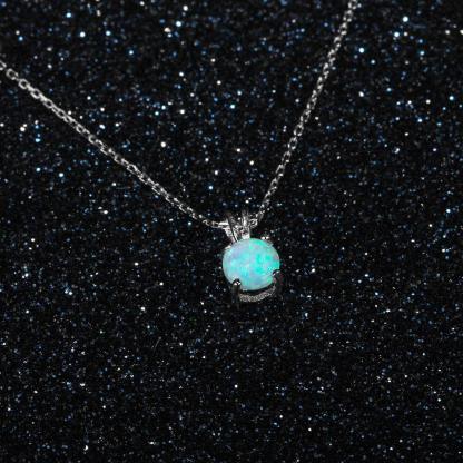 925 Sterling Silver Round Blue Opal Romantic Pendants Necklaces for Women, Trendy Jewelry Gift - Personalized Jewel