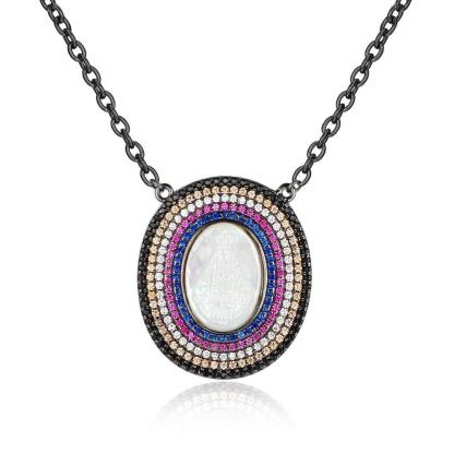 925 Sterling Silver Round Jade Stone Cubic Zirconia Pendant Choker Necklace - Personalized Jewel