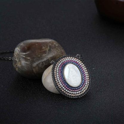 925 Sterling Silver Round Jade Stone Cubic Zirconia Pendant Choker Necklace - Personalized Jewel