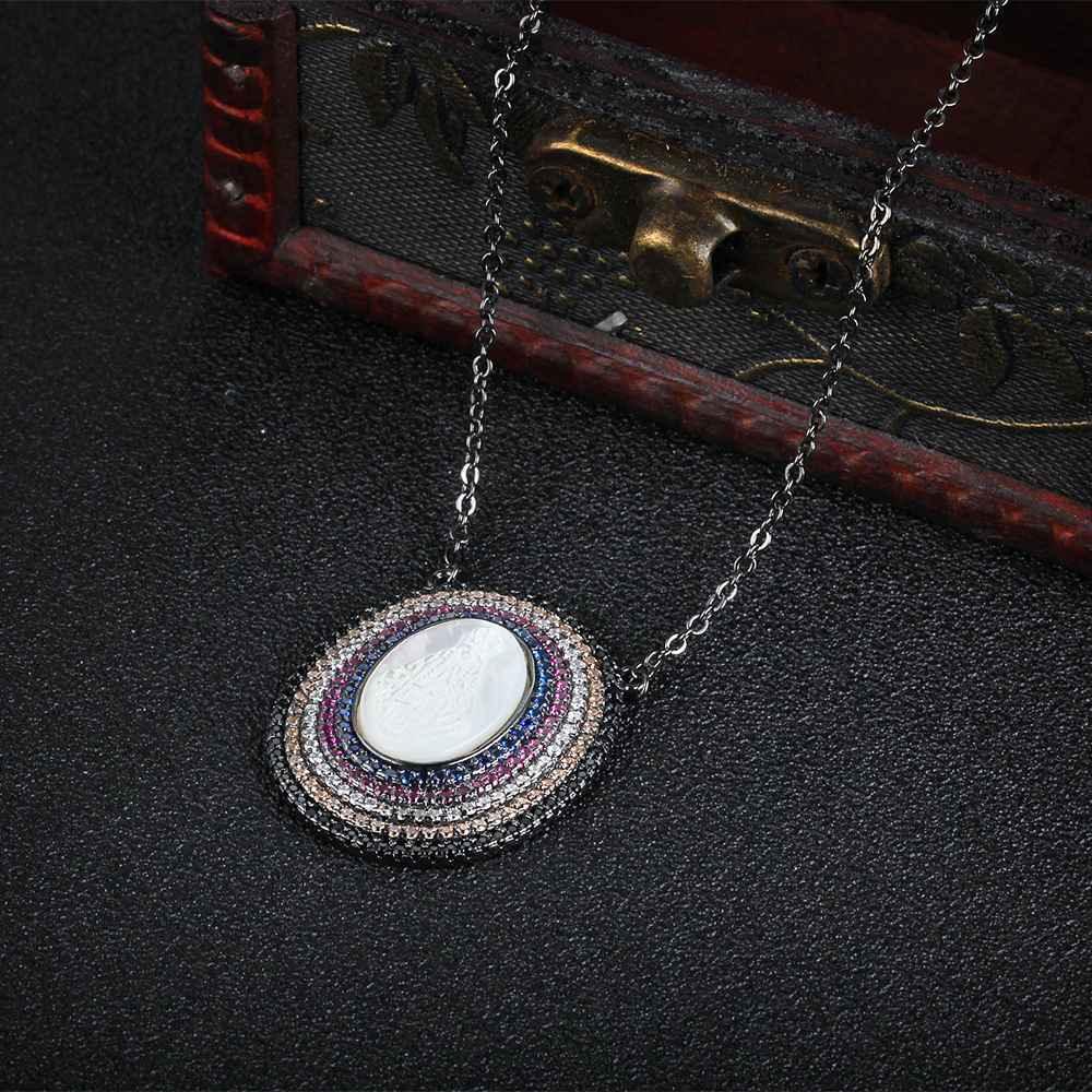 925 Sterling Silver Round Jade Stone Cubic Zirconia Pendant Choker Necklace - Personalized Jewel