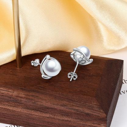 925 Sterling Silver Stud Earrings - Round Pearl Ear Stud for Women - Geometric Style Stud Earring - Wedding Earring for Bride - Stud Accessory for Women - Trendy Jewelry Gift for Mom, Wife & Sister - Personalized Jewel