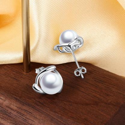 925 Sterling Silver Stud Earrings - Round Pearl Ear Stud for Women - Geometric Style Stud Earring - Wedding Earring for Bride - Stud Accessory for Women - Trendy Jewelry Gift for Mom, Wife & Sister - Personalized Jewel