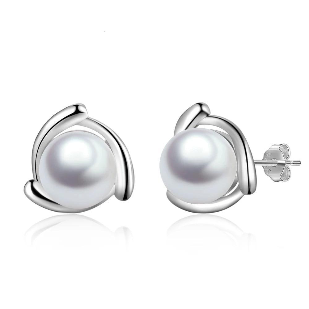 925 Sterling Silver Stud Earrings - Round Pearl Ear Stud for Women - Geometric Style Stud Earring - Wedding Earring for Bride - Stud Accessory for Women - Trendy Jewelry Gift for Mom, Wife & Sister - Personalized Jewel