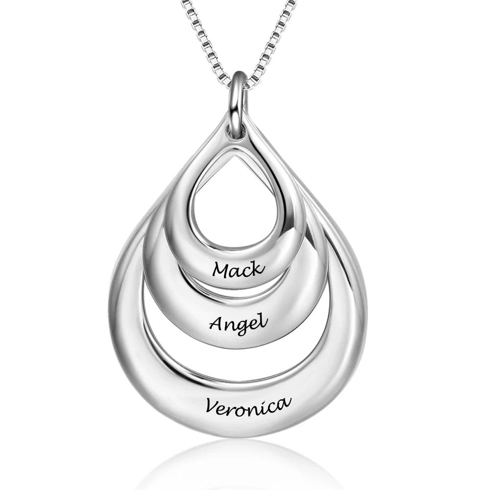 925 Sterling Silver Triple Water Drop Pendant Necklace with Three Customized Name Engravings-Personalized Jewels
