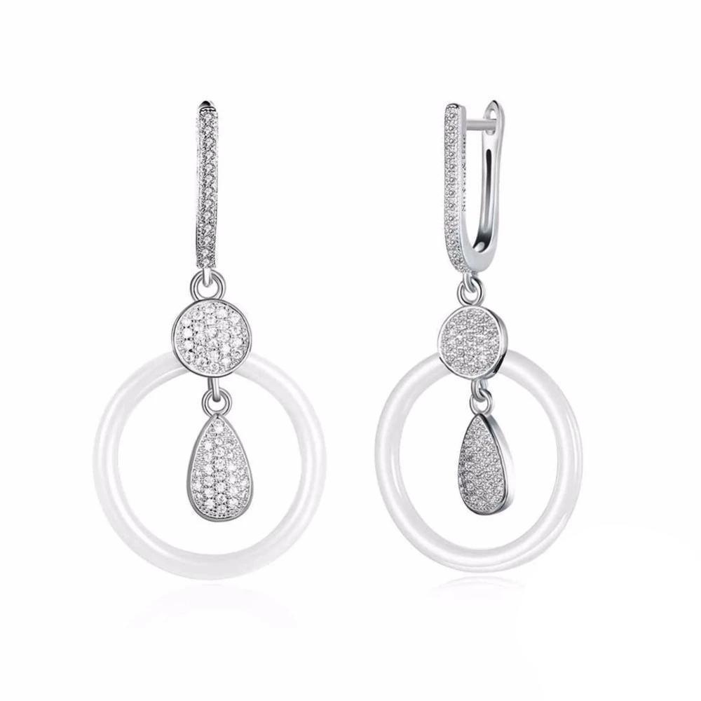 925 Sterling Silver White Ceramic Round Drop Earring-Personalized Jewels