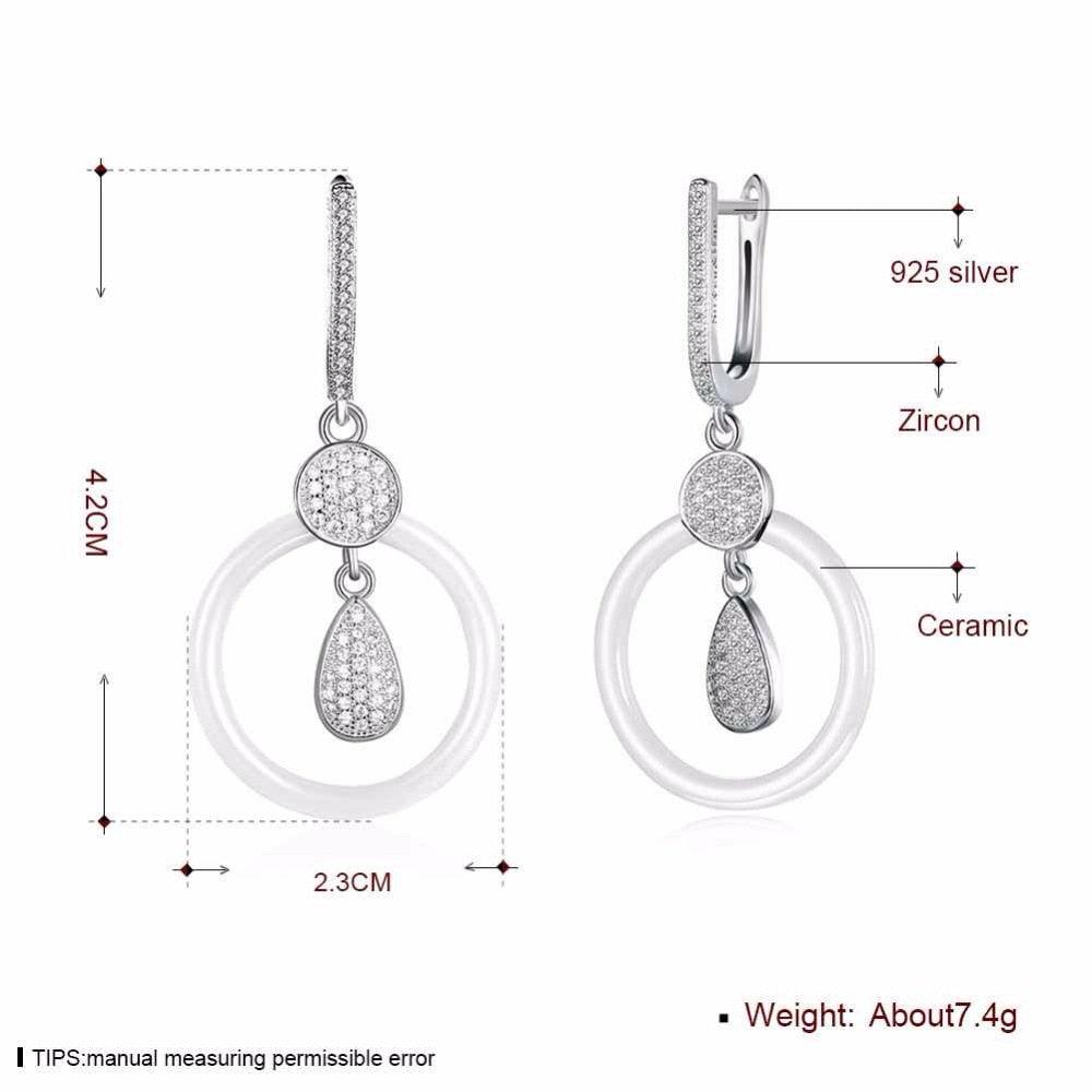 925 Sterling Silver White Ceramic Round Drop Earring - Personalized Jewel