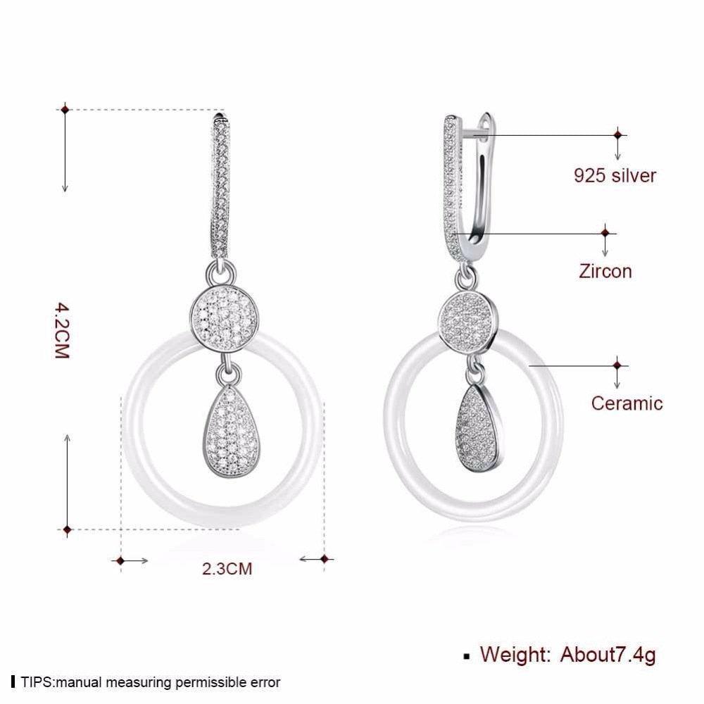 925 Sterling Silver White Ceramic Round Drop Earring - Personalized Jewel