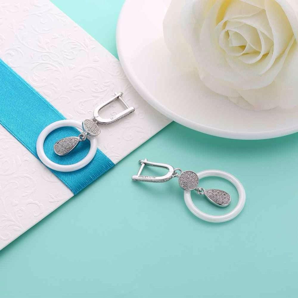 925 Sterling Silver White Ceramic Round Drop Earring - Personalized Jewel