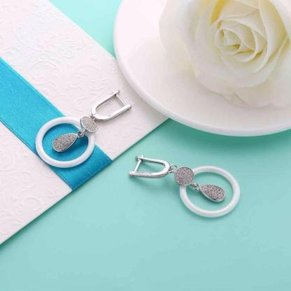 925 Sterling Silver White Ceramic Round Drop Earring - Personalized Jewel