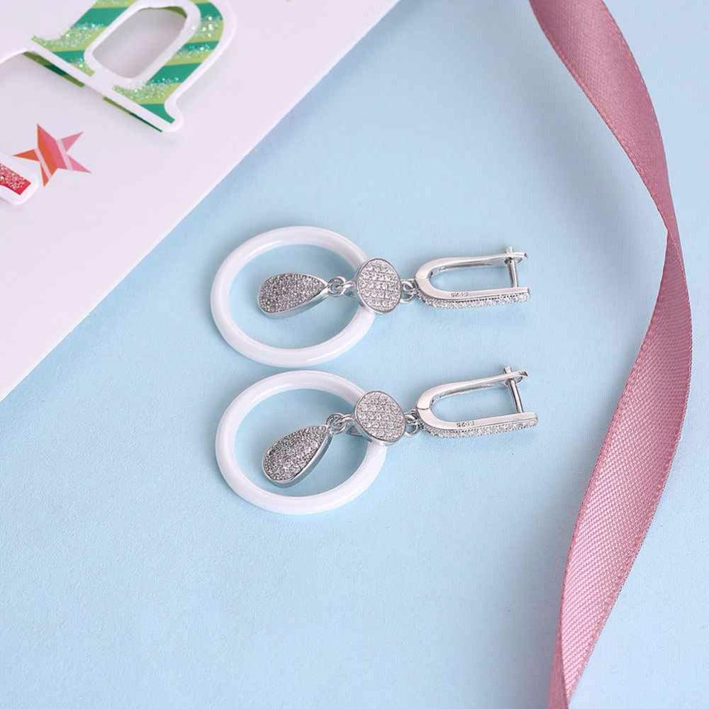 925 Sterling Silver White Ceramic Round Drop Earring - Personalized Jewel