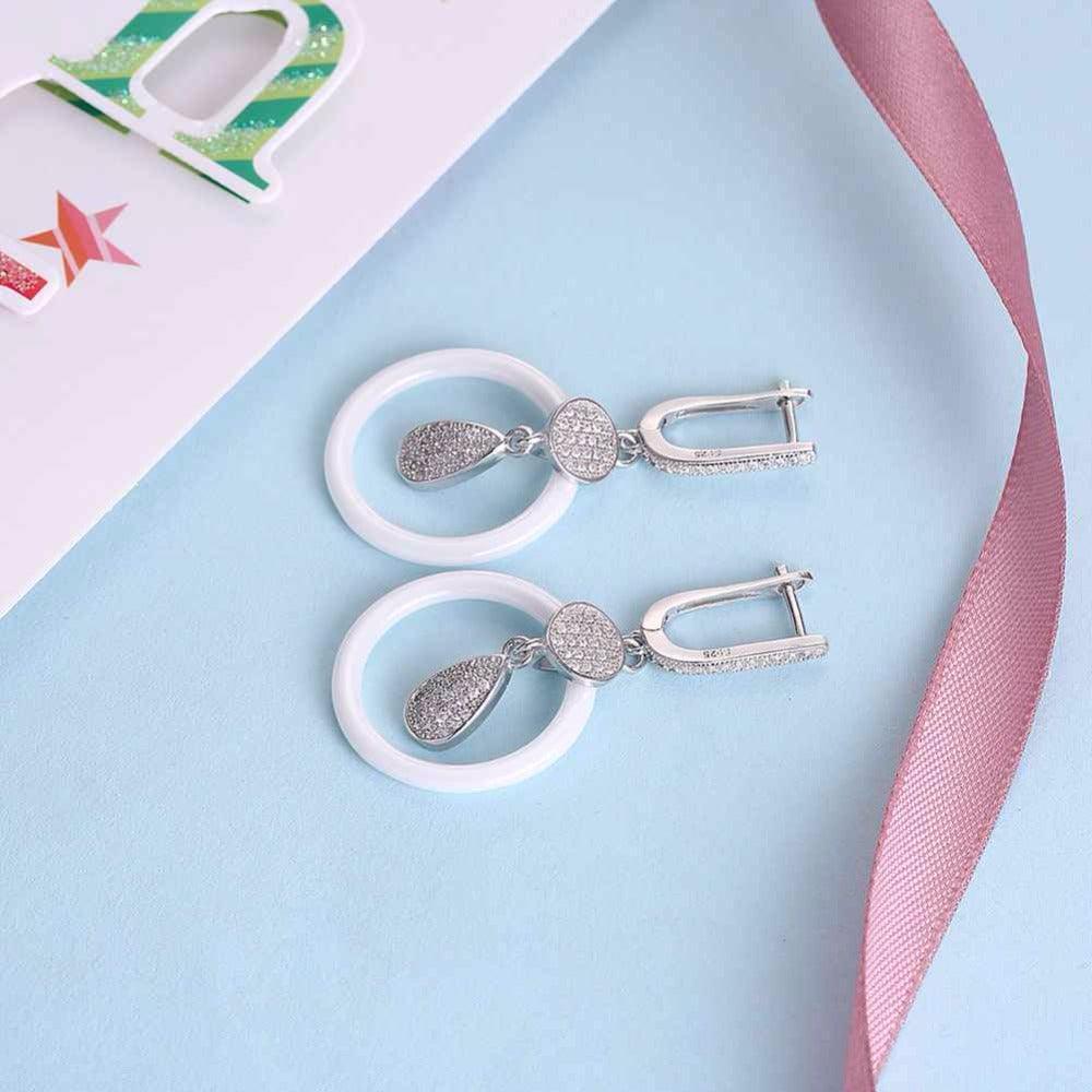 925 Sterling Silver White Ceramic Round Drop Earring-Personalized Jewels