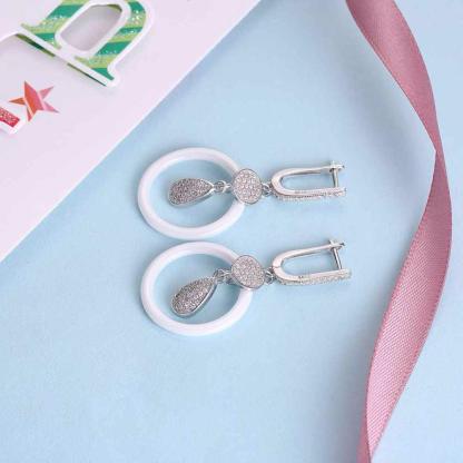 925 Sterling Silver White Ceramic Round Drop Earring - Personalized Jewel
