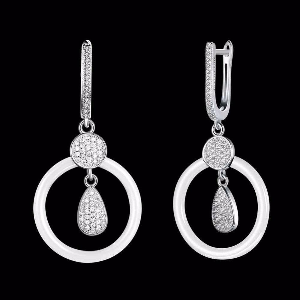 925 Sterling Silver White Ceramic Round Drop Earring - Personalized Jewel