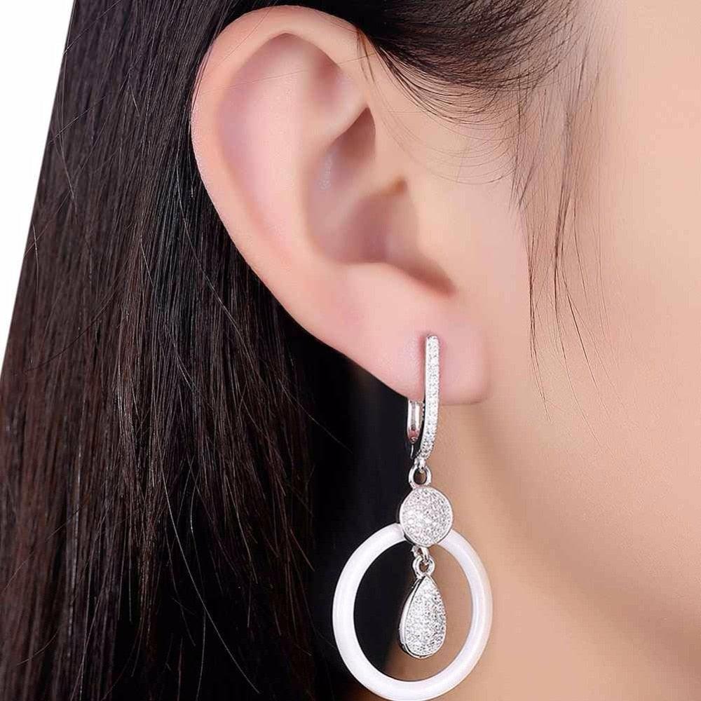 925 Sterling Silver White Ceramic Round Drop Earring - Personalized Jewel