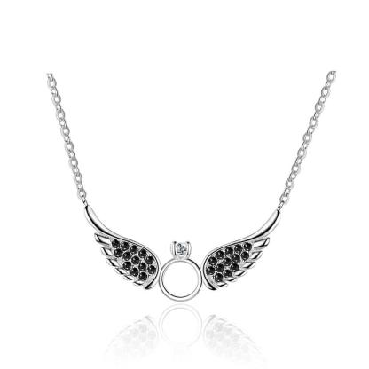 925 Sterling Silver Women Fashion Jewelry Necklace with Black CZ Wing Pendants - Personalized Jewel