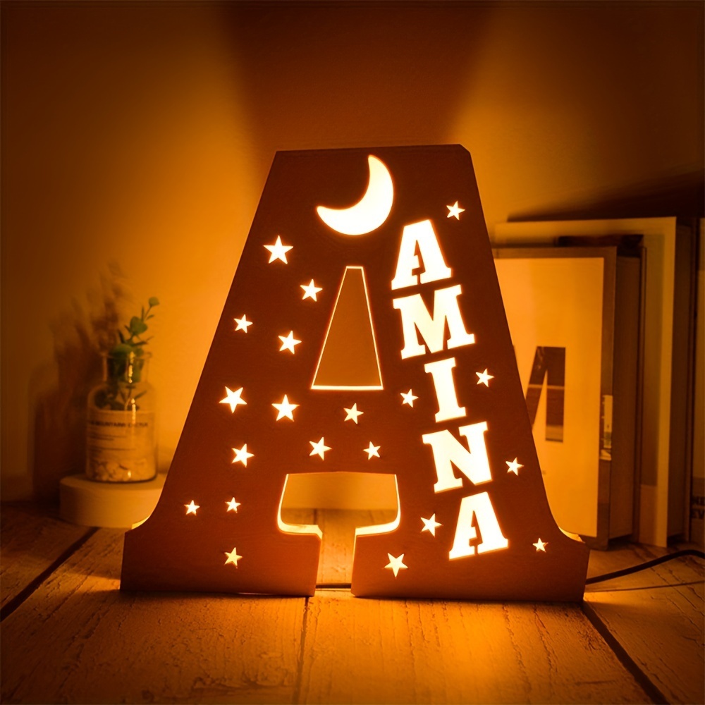 Personalized Wooden Alphabet Night Light With Moon And Star Pattern