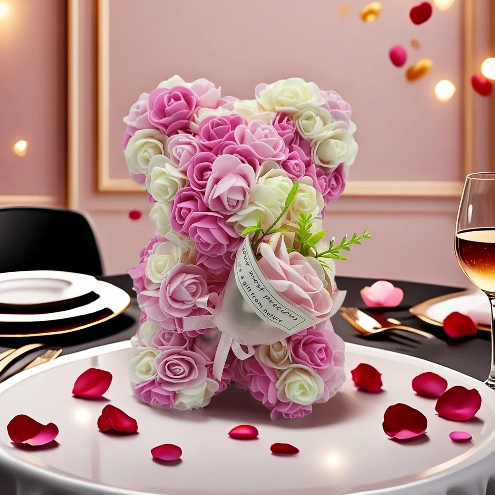 Artificial Rose Bear With Decorative Flower Bouquet Gift For Mothers Day