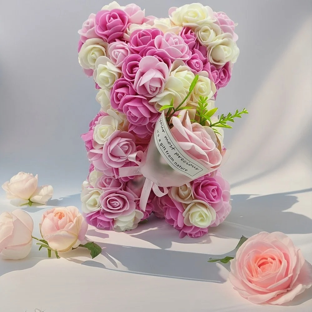 Artificial Rose Bear With Decorative Flower Bouquet Gift For Mothers Day