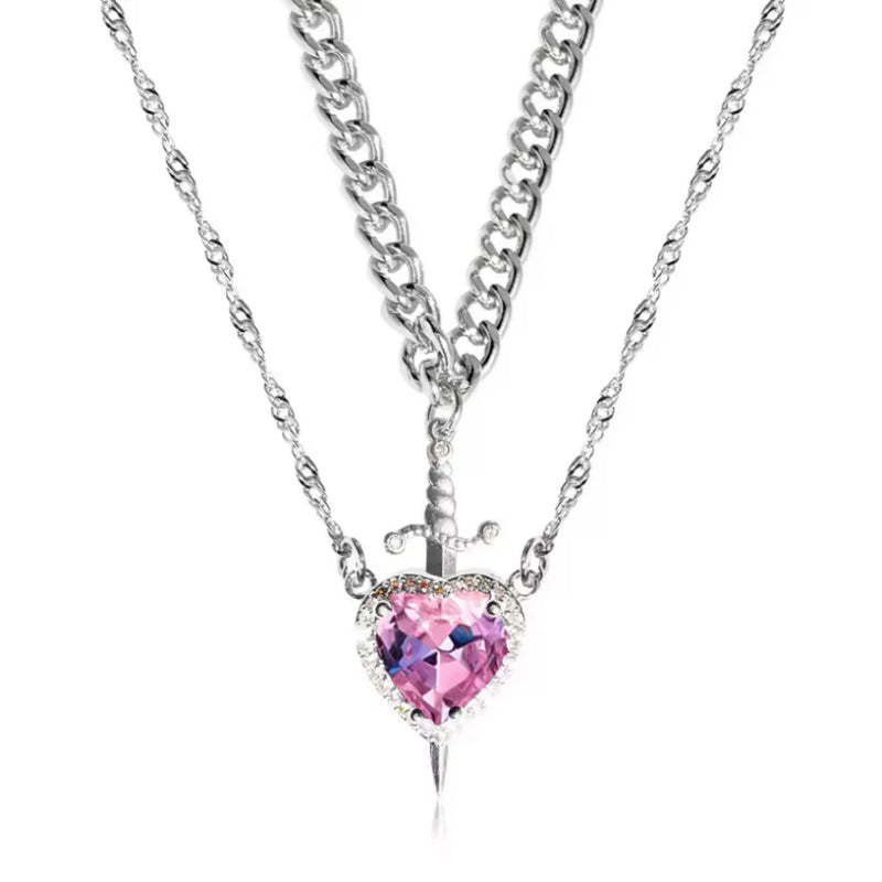 Double Chain Necklace With Cordate Shaped Pendant-Personalized Jewels