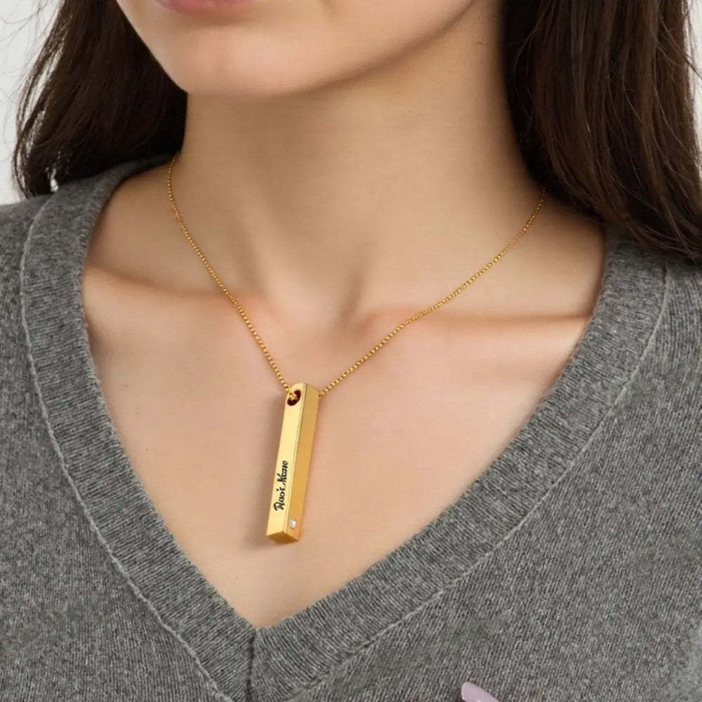 Custom Gold Pillar Bar Necklace With Diamond For Mothers Day Gift-Personalized Jewels