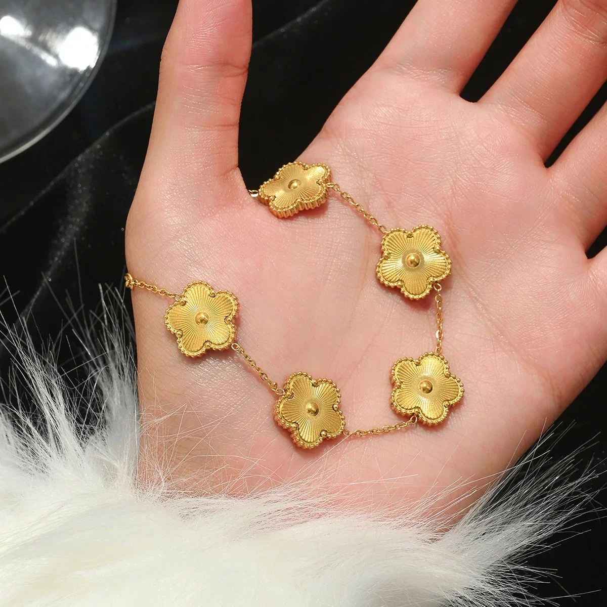 Stainless Steel Clover Charm Bracelet And Nail Cuff Bangle Set For Women