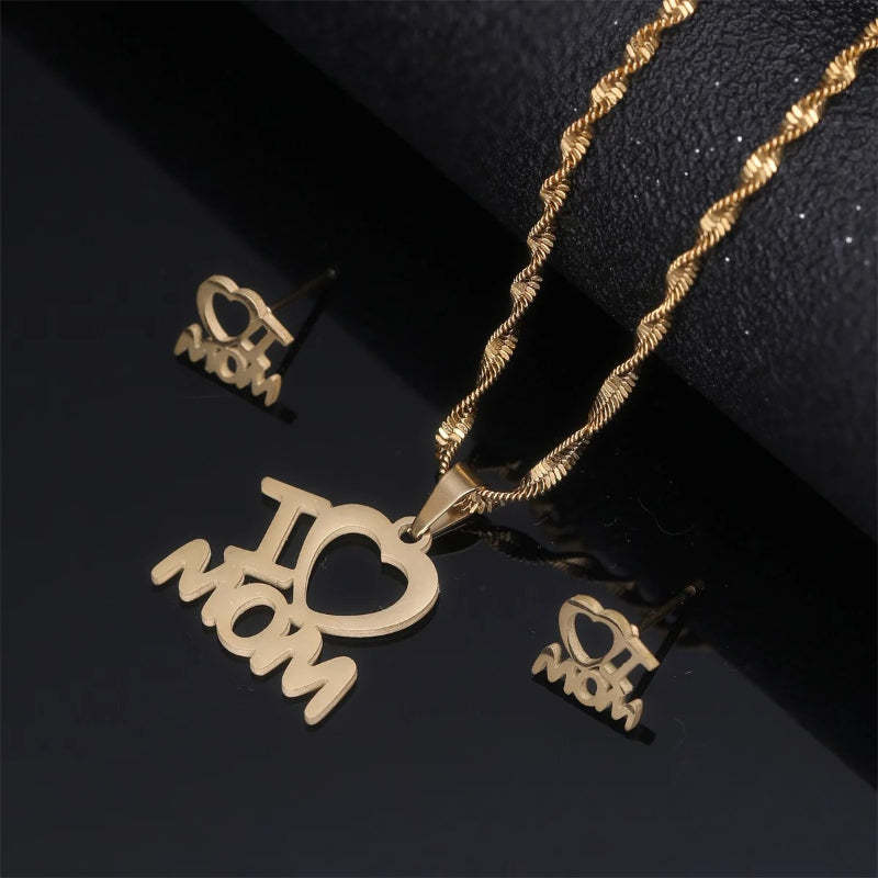 Stainless Steel Pendant Necklace Earrings Jewelry Set For Mothers Day Gift-Personalized Jewels