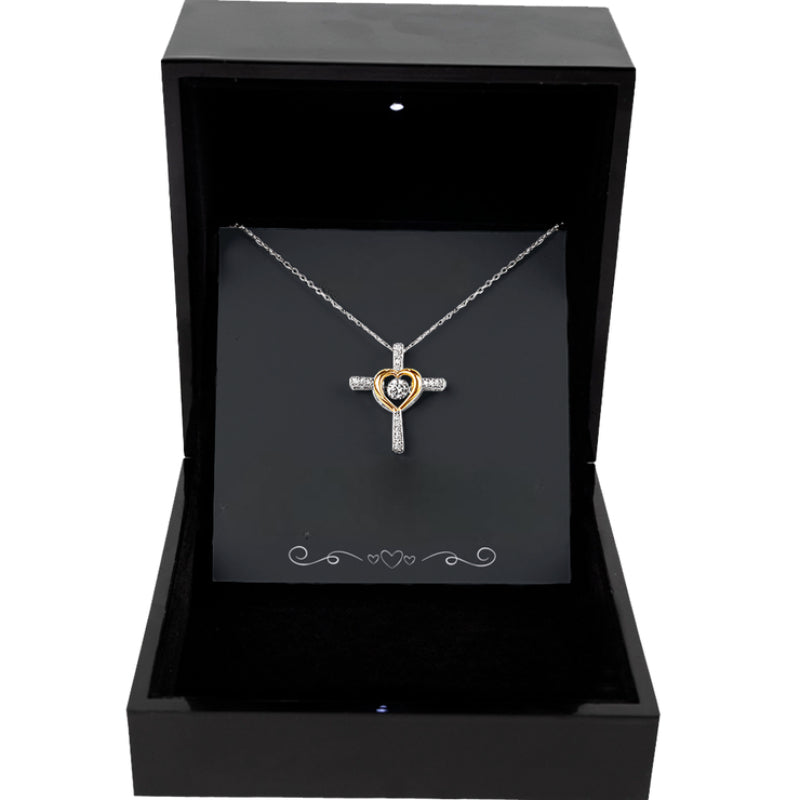 Pendant Necklace With Embrace Cross In Two Tone-Personalized Jewels