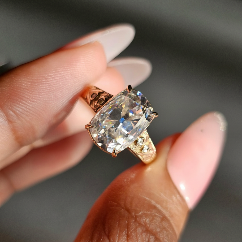 TS Inspired Cushion Cut Moissanite Engagement Ring Art Deco Style