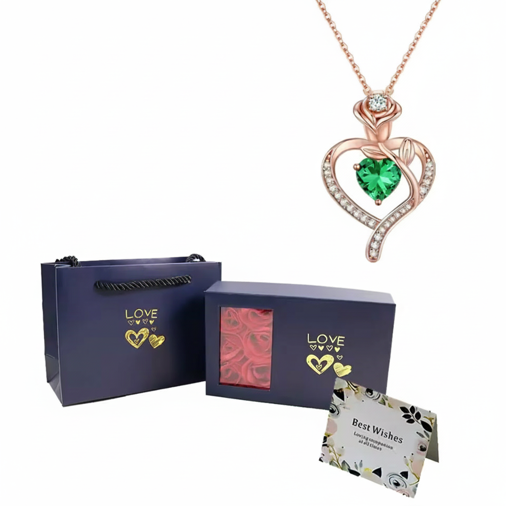 Birthstone Pendant Necklace With Rose Gift Box Jewelry Set For Women